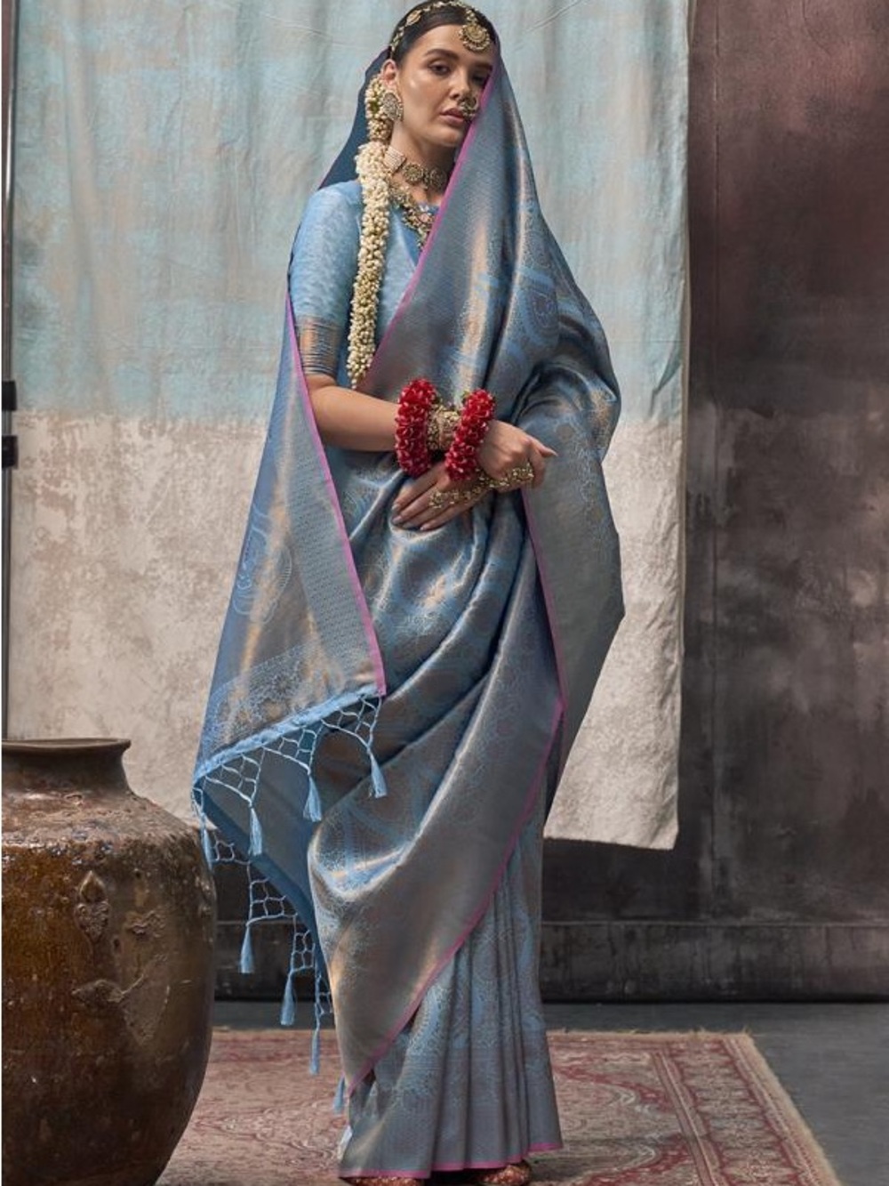 Powder Blue Soft Silk dual tone Saree with Pink Trim